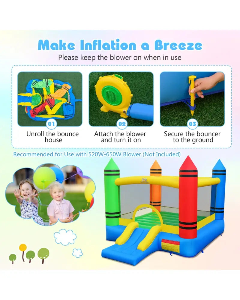 Inflatable Bounce House 2-in-1 Crayon Themed Kids Bouncer with 550W Blower - Bounce House