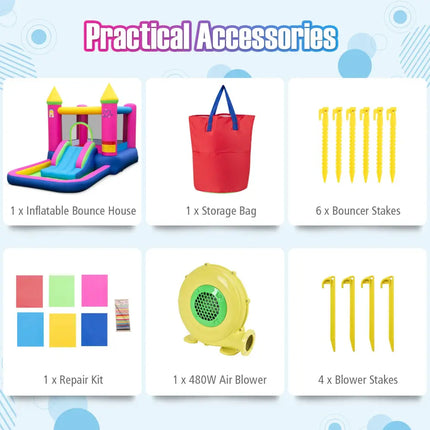 Inflatable Bounce House 4-in-1 Kids Princess-themed Bouncer Blow-up Bouncy Castle with 480 Blower - Multicolor - Bounce
