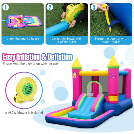 Inflatable Bounce House 4-in-1 Kids Princess-themed Bouncer Blow-up Bouncy Castle with 480 Blower - Multicolor - Bounce