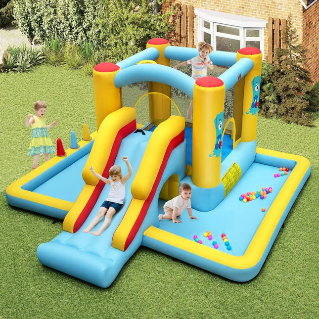 Inflatable Bounce House 7-in-1 Bouncy Castle with Slide and Tunnel with 550W Blower - Multicolor - Bounce House