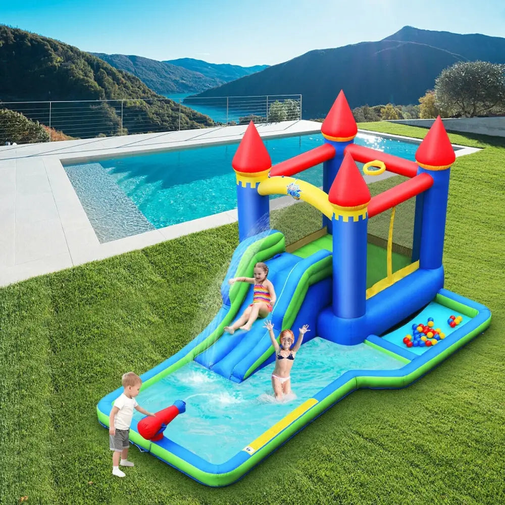 Inflatable Bounce House Castle Water Slide with Climbing Wall and 550W Blower - Multicolor - Inflatable Water Slides