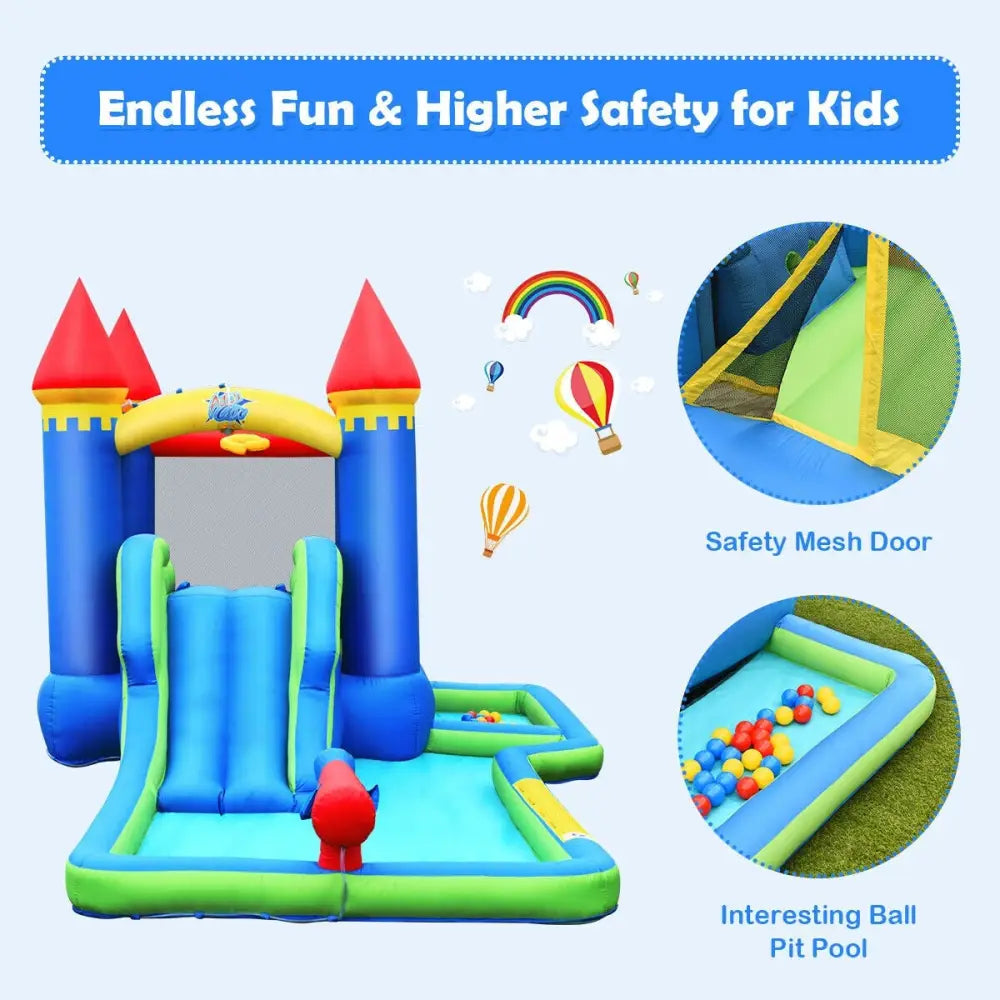 Inflatable Bounce House Castle Water Slide with Climbing Wall and 550W Blower - Multicolor - Inflatable Water Slides