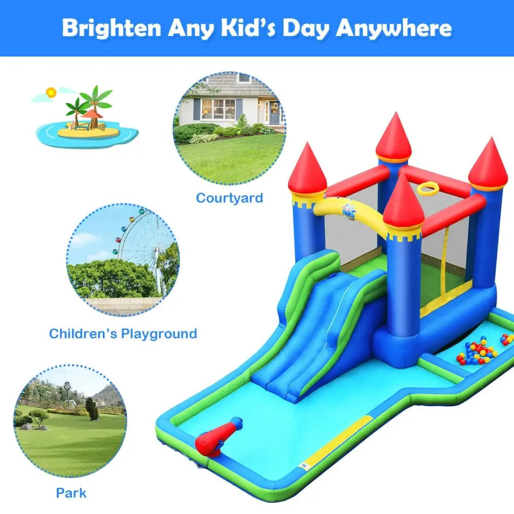 Inflatable Bounce House Castle Water Slide with Climbing Wall and 550W Blower - Multicolor - Inflatable Water Slides