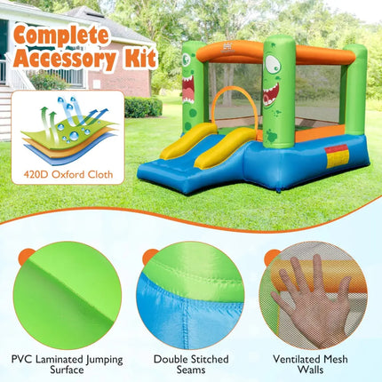 Inflatable Bounce House Monster Themed Bouncy Castle with Large Jumping Area and Slide 550W Blower Included - Bounce