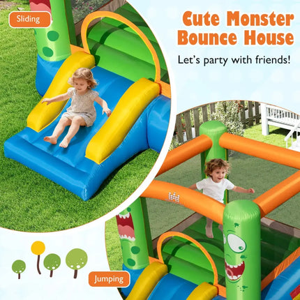 Inflatable Bounce House Monster Themed Bouncy Castle with Large Jumping Area and Slide 550W Blower Included - Bounce