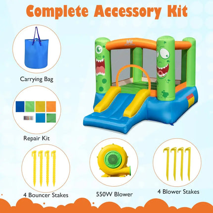 Inflatable Bounce House Monster Themed Bouncy Castle with Large Jumping Area and Slide 550W Blower Included - Bounce