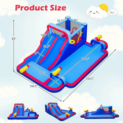 Inflatable Bounce House with 2 Water Slides and 3 Water Cannons With 680W Blower - Blue - Inflatable Water Slides