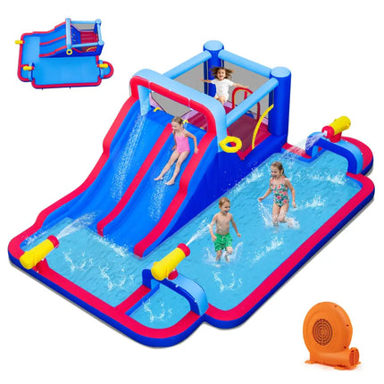 Inflatable Bounce House with 2 Water Slides and 3 Water Cannons With 680W Blower - Blue - Inflatable Water Slides