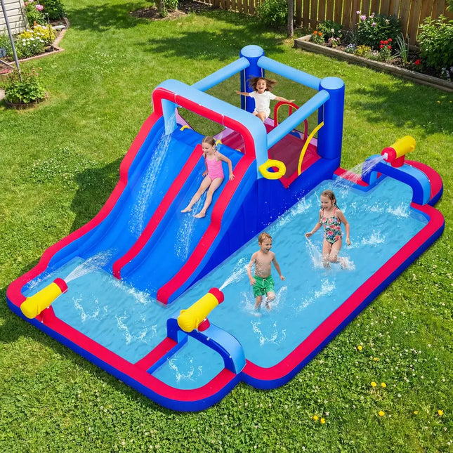 Inflatable Bounce House with 2 Water Slides and 3 Water Cannons With 680W Blower - Blue - Inflatable Water Slides