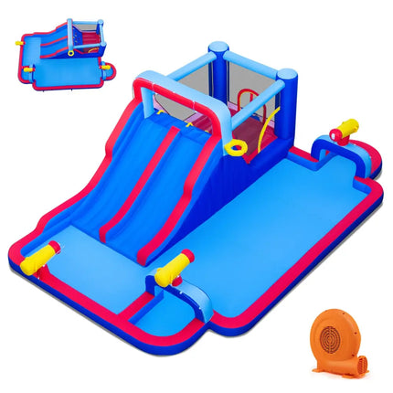 Inflatable Bounce House with 2 Water Slides and 3 Water Cannons With 680W Blower - Blue - Inflatable Water Slides