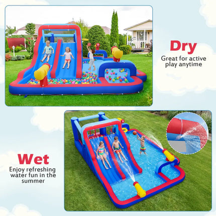 Inflatable Bounce House with 2 Water Slides and 3 Water Cannons With 680W Blower - Blue - Inflatable Water Slides
