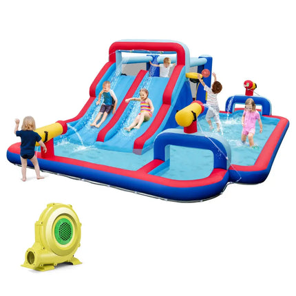 Inflatable Bounce House with 2 Water Slides and 3 Water Cannons With 735W Blower - Blue - Inflatable Water Slides