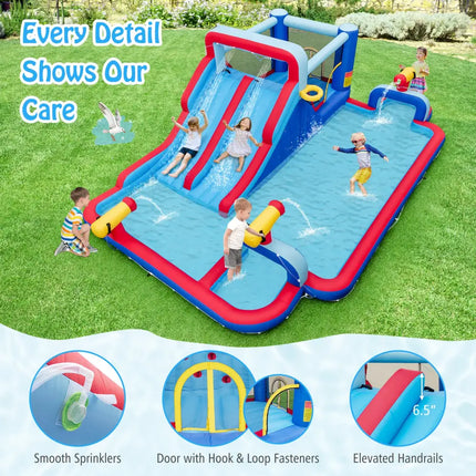 Inflatable Bounce House with 2 Water Slides and 3 Water Cannons With 735W Blower - Blue - Inflatable Water Slides