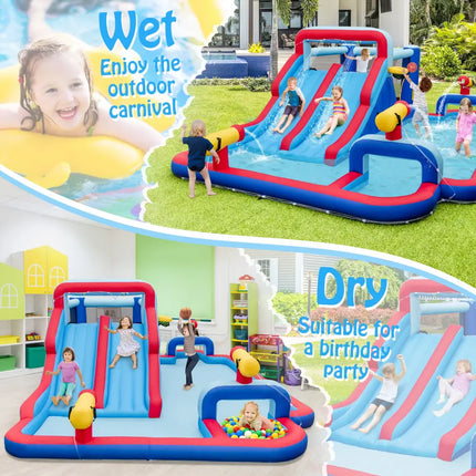 Inflatable Bounce House with 2 Water Slides and 3 Water Cannons With 735W Blower - Blue - Inflatable Water Slides