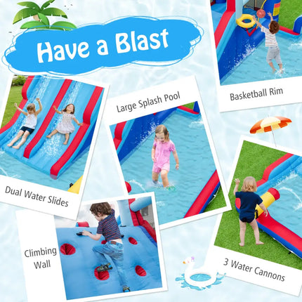 Inflatable Bounce House with 2 Water Slides and 3 Water Cannons With 735W Blower - Blue - Inflatable Water Slides
