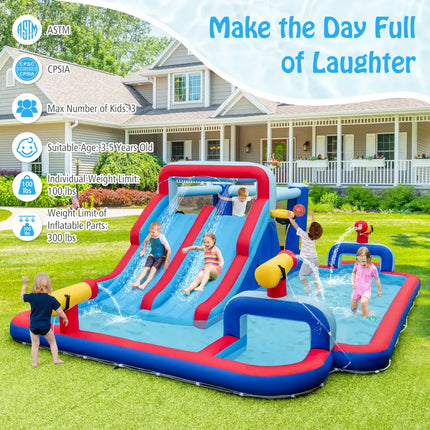 Inflatable Bounce House with 2 Water Slides and 3 Water Cannons with 950W Blower - Blue - Inflatable Water Slides