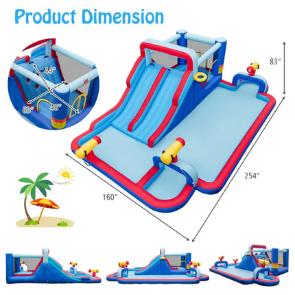 Inflatable Bounce House with 2 Water Slides and 3 Water Cannons with 950W Blower - Blue - Inflatable Water Slides