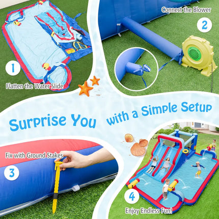 Inflatable Bounce House with 2 Water Slides and 3 Water Cannons with 950W Blower - Blue - Inflatable Water Slides