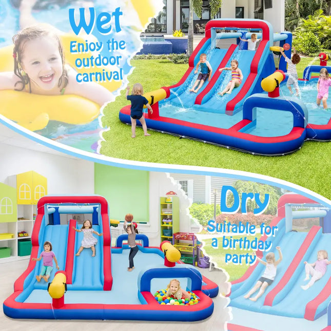 Inflatable Bounce House with 2 Water Slides and 3 Water Cannons with 950W Blower - Blue - Inflatable Water Slides