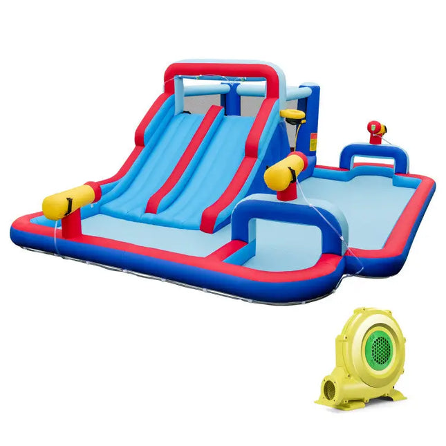 Inflatable Bounce House with 2 Water Slides and 3 Water Cannons with 950W Blower - Blue - Inflatable Water Slides
