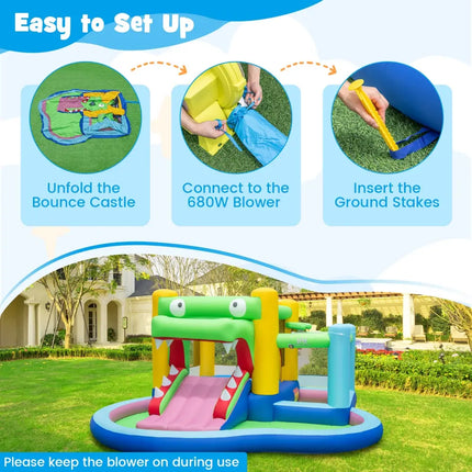Inflatable Bounce House with Slide and Splash Pooland and 680W Blower - Multicolor - Inflatable Water Slides