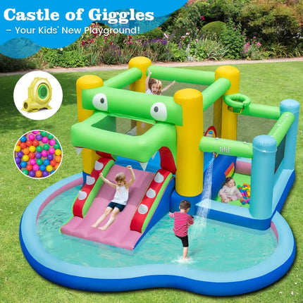 Inflatable Bounce House with Slide and Splash Pooland and 680W Blower - Multicolor - Inflatable Water Slides
