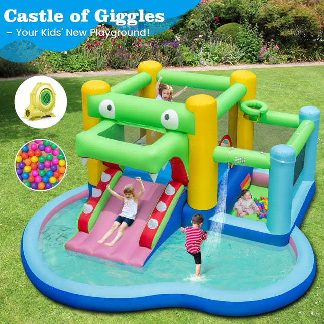 Inflatable Bounce House with Slide and Splash Pooland and 680W Blower - Multicolor - Inflatable Water Slides