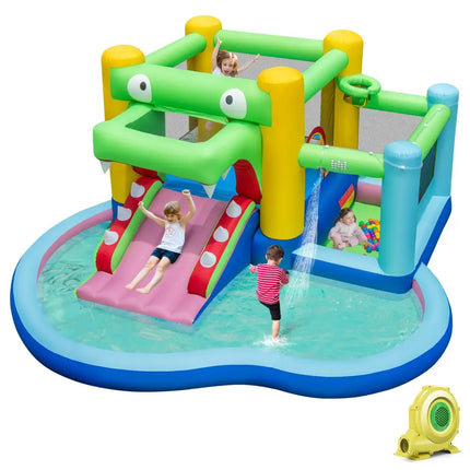 Inflatable Bounce House with Slide and Splash Pooland and 680W Blower - Multicolor - Inflatable Water Slides