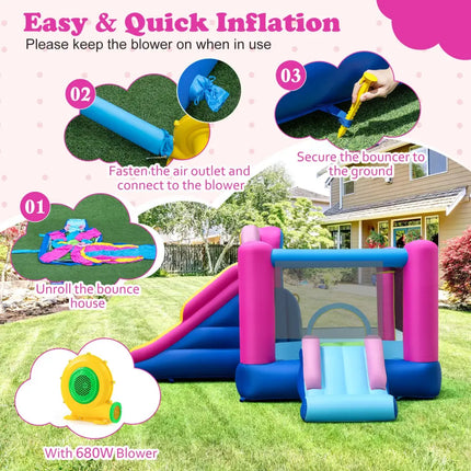 Inflatable Bounce House with Slides and Basketball Hoop (with 680W Blower) - Bounce House