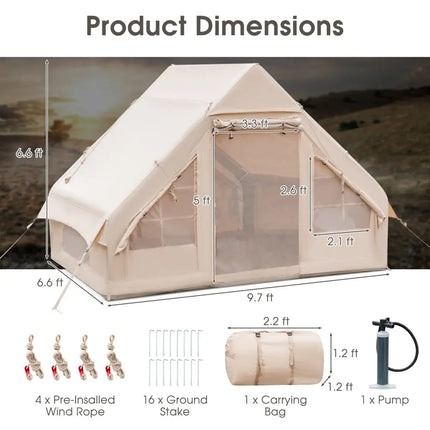Inflatable Camping Tent 2/4/6 People Glamping Tent for Family Camping with Pump-Beige - Beige - Canopies