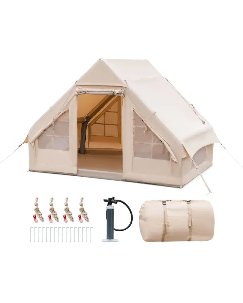 Inflatable Camping Tent 2/4/6 People Glamping Tent for Family Camping with Pump-Beige - Beige - Canopies