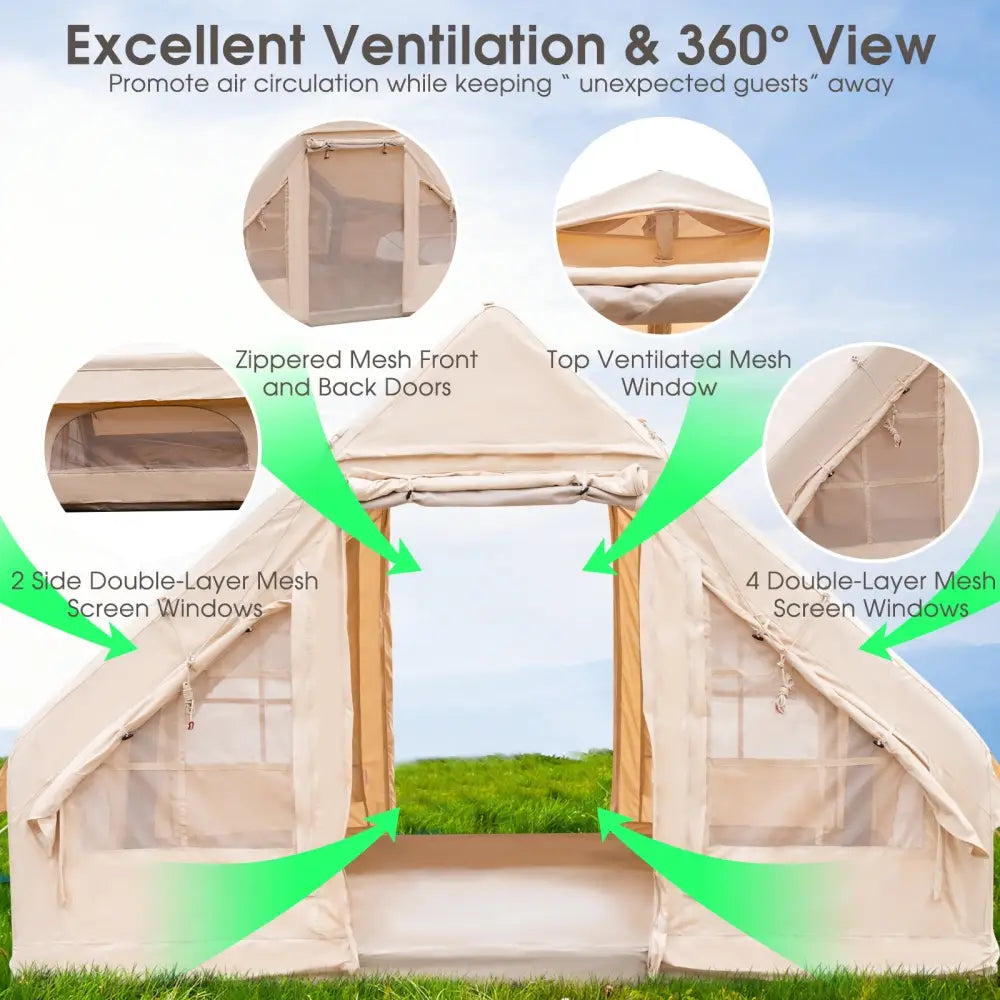 Inflatable Camping Tent 2/4/6 People Glamping Tent for Family Camping with Pump-Beige - Beige - Canopies