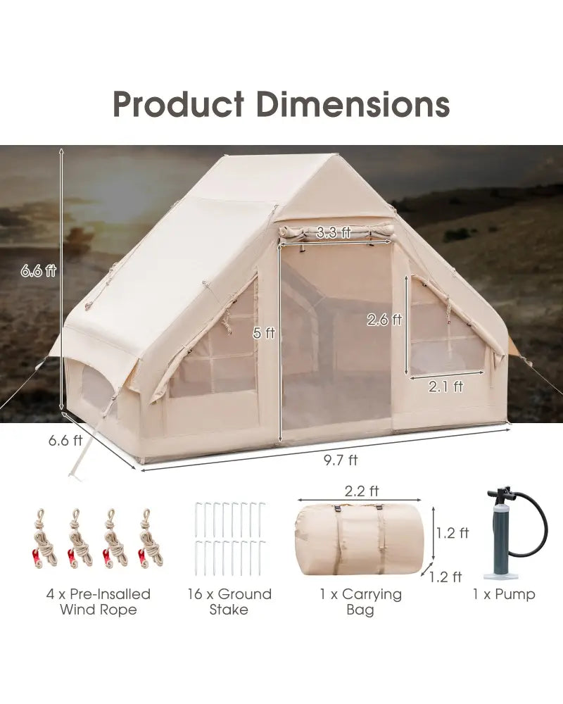 Inflatable Camping Tent 2/4/6 People Glamping Tent for Family Camping with Pump-Beige - Beige - Canopies