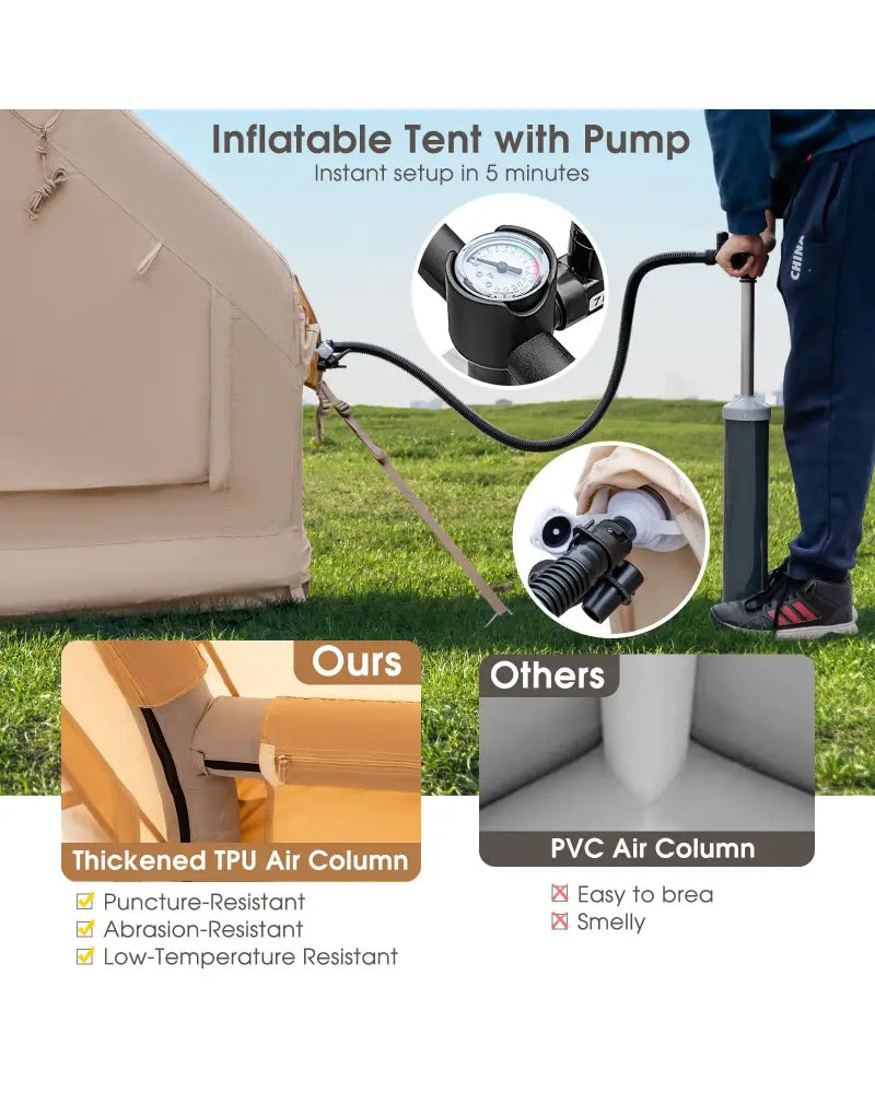 Inflatable Camping Tent 2/4/6 People Glamping Tent for Family Camping with Pump-Beige - Beige - Canopies