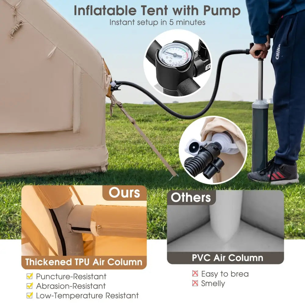 Inflatable Camping Tent 2/4/6 People Glamping Tent for Family Camping with Pump-Beige - Beige - Canopies