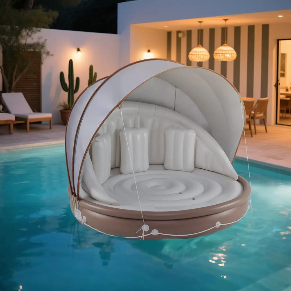 Inflatable Canopy Island Tanning Pool Lounger Float with Retractable Canopy - Swimming
