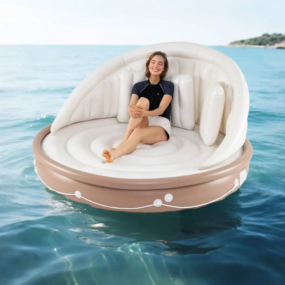 Inflatable Canopy Island Tanning Pool Lounger Float with Retractable Canopy - Swimming