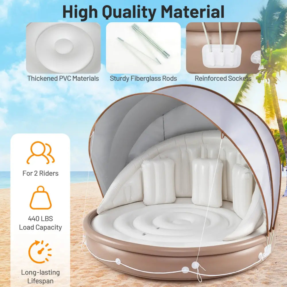 Inflatable Canopy Island Tanning Pool Lounger Float with Retractable Canopy - Swimming