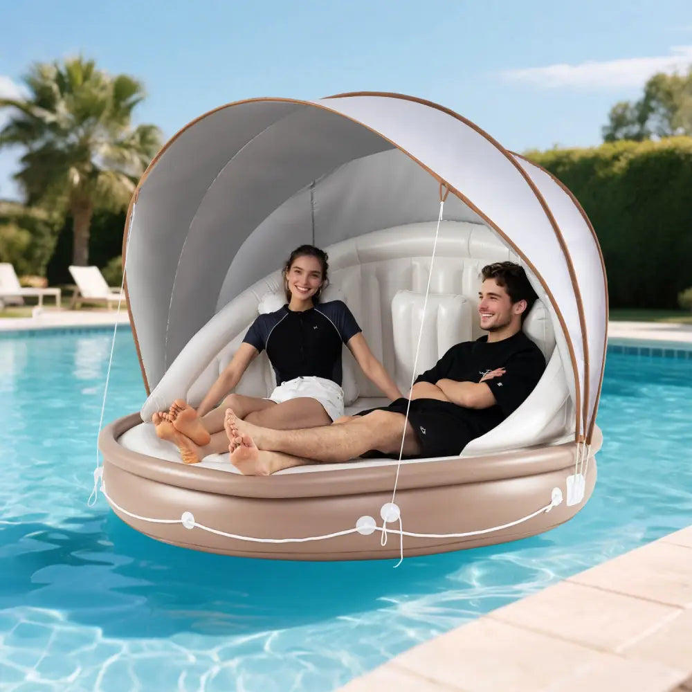 Inflatable Canopy Island Tanning Pool Lounger Float with Retractable Canopy - Swimming