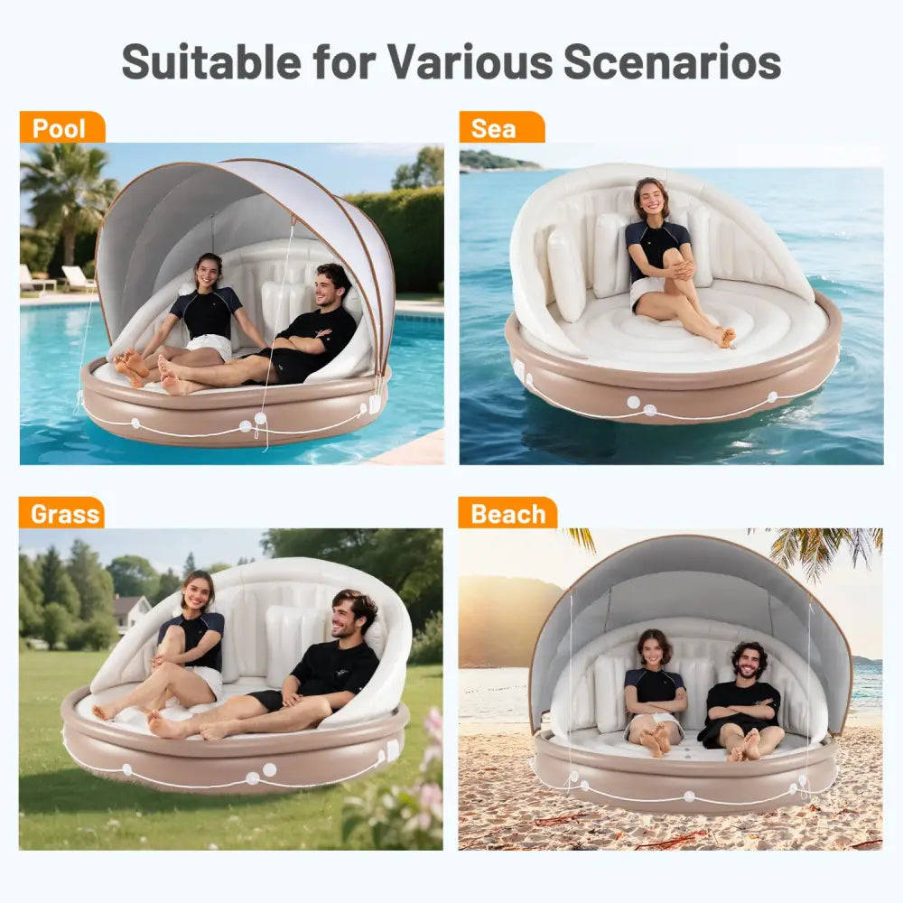 Inflatable Canopy Island Tanning Pool Lounger Float with Retractable Canopy - Swimming