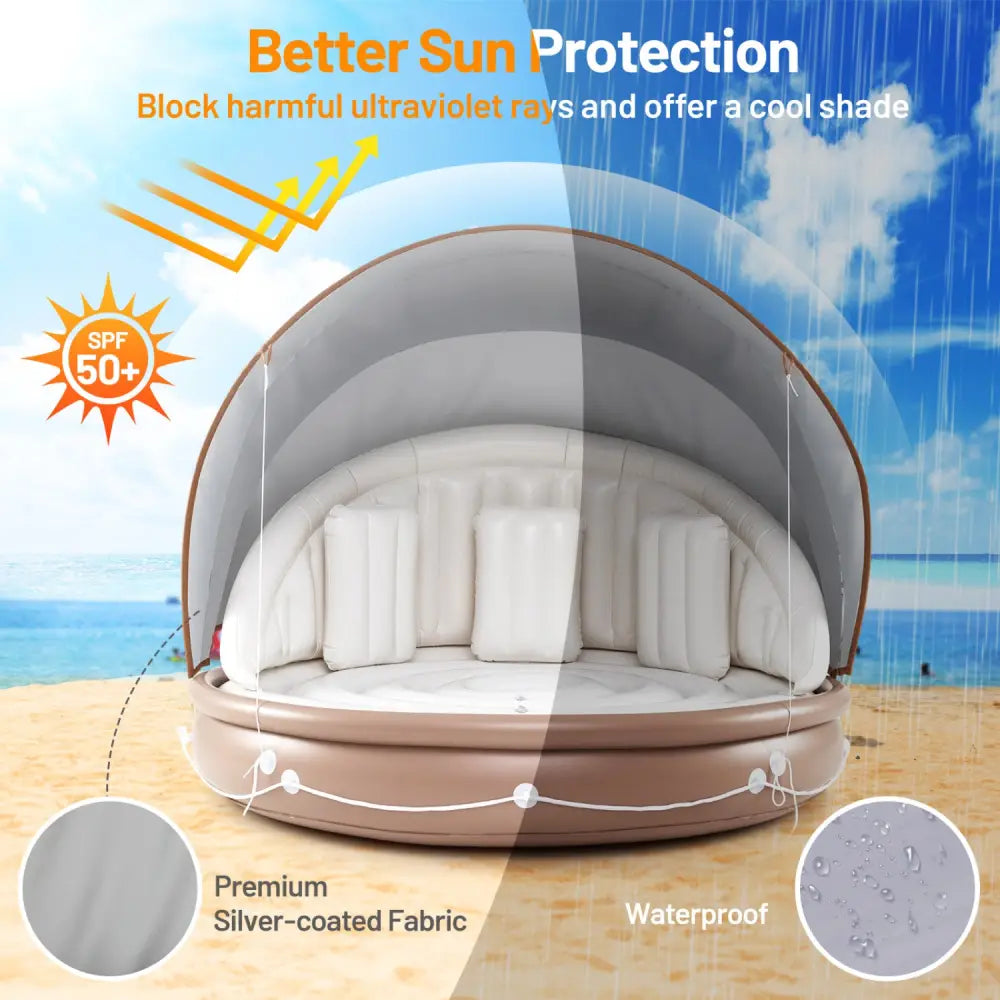 Inflatable Canopy Island Tanning Pool Lounger Float with Retractable Canopy - Swimming