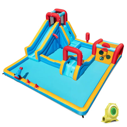 Inflatable Double Water Slide Park 9-in-1 Giant Bounce House 735W Blower Included - Inflatable Water Slides