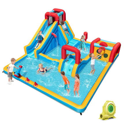 Inflatable Double Water Slide Park 9-in-1 Giant Bounce House 735W Blower Included - Inflatable Water Slides
