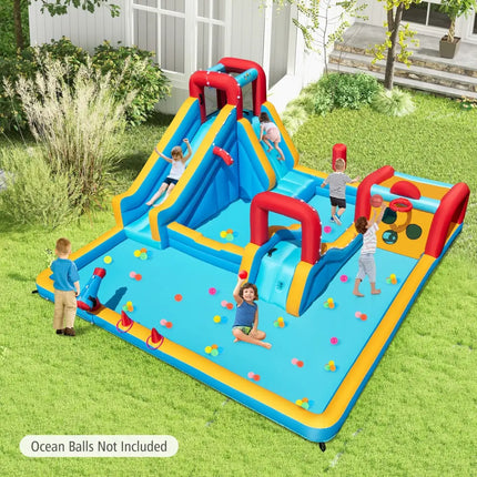 Inflatable Double Water Slide Park 9-in-1 Giant Bounce House 735W Blower Included - Inflatable Water Slides