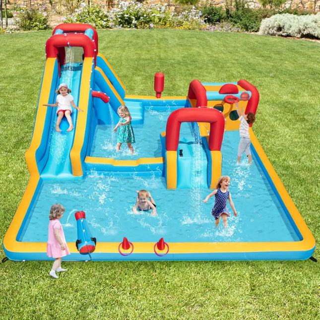Inflatable Double Water Slide Park 9-in-1 Giant Bounce House Blower Excluded - Inflatable Water Slides