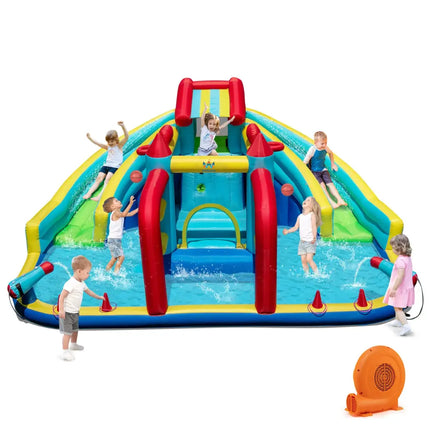 Inflatable Double Water Slide Park with 750W Blower and Obstacle Course - Inflatable Water Slides