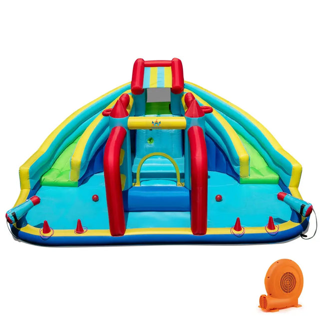 Inflatable Double Water Slide Park with 750W Blower and Obstacle Course - Inflatable Water Slides