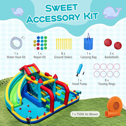 Inflatable Double Water Slide Park with 750W Blower and Obstacle Course - Inflatable Water Slides