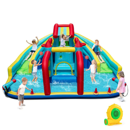 Inflatable Double Water Slide Park with Obstacle Course and 680W Blower - Inflatable Water Slides