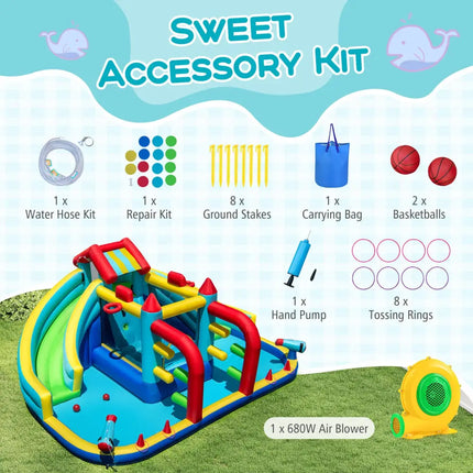 Inflatable Double Water Slide Park with Obstacle Course and 680W Blower - Inflatable Water Slides